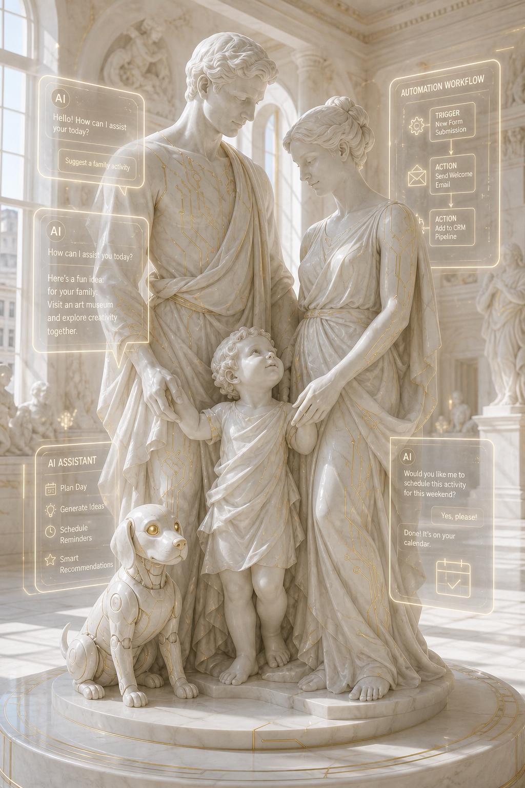 Bas-relief sculpture of android family with robotic dog