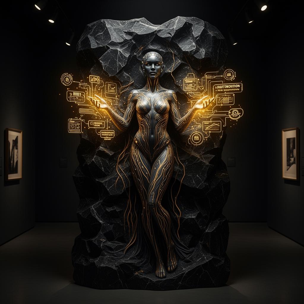 Monumental bas-relief sculpture of cyborg figures emerging from stone